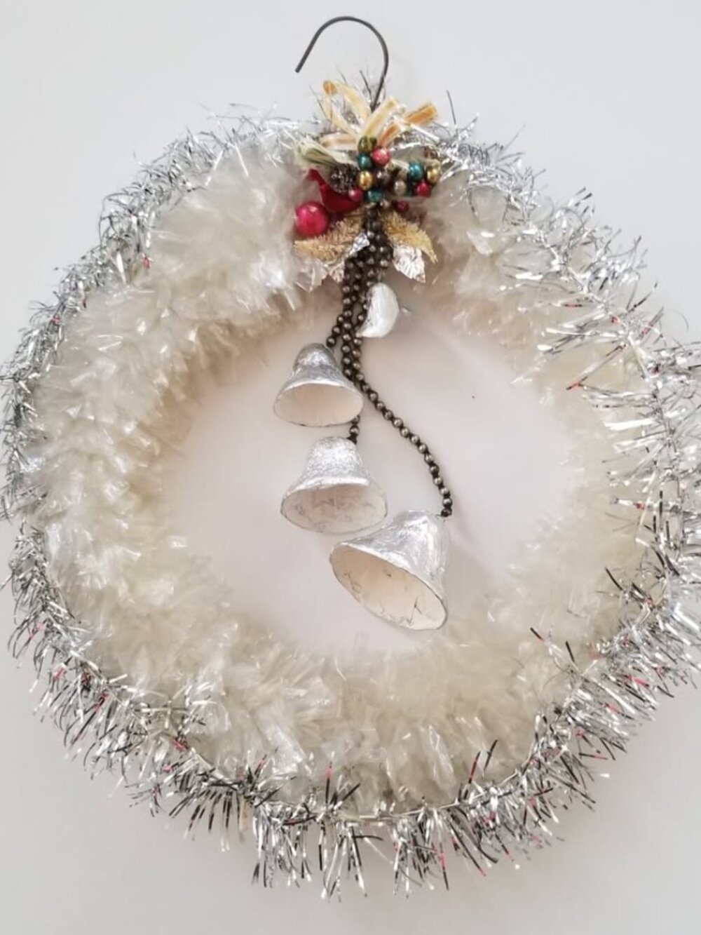 Vintage Christmas Wreath Tinsel Foil Bells Mercury Glass Beads Bottle Brush Tree